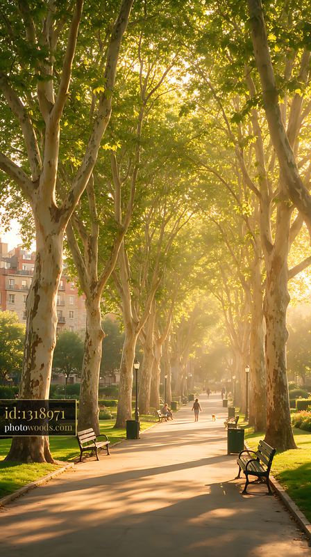 Plane trees lining a pathway in a city park