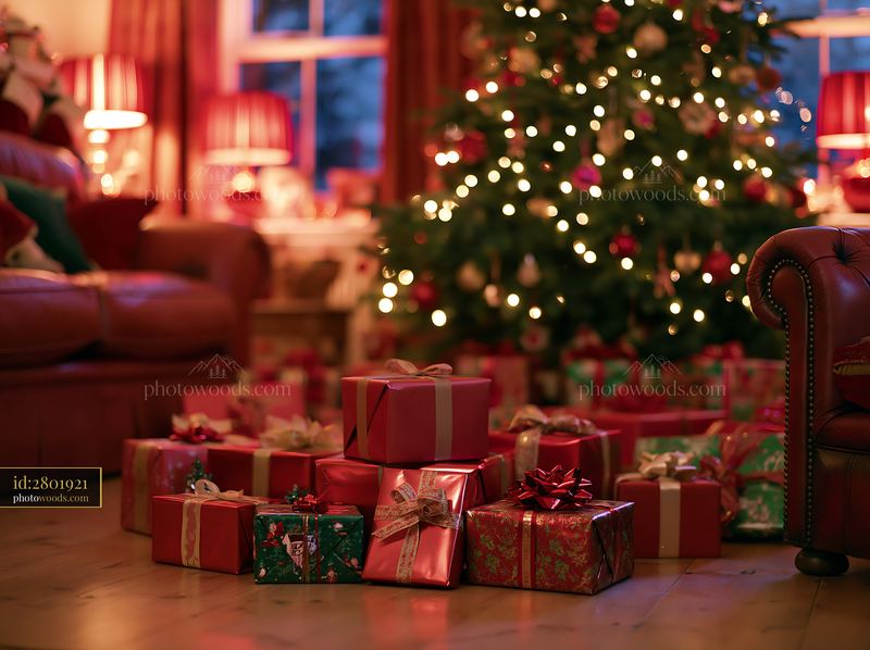 Cozy Christmas living room with wrapped presents under tree