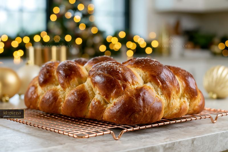 High-end festive kitchen with elegant decorations and baked bread