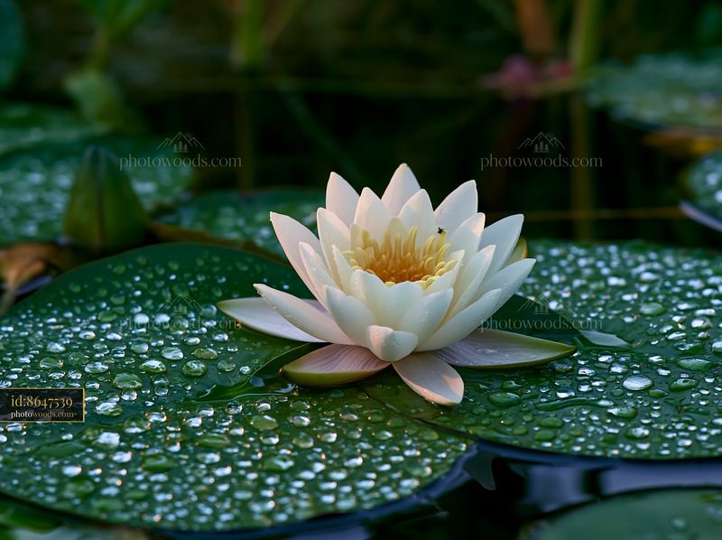 Water lily pond with water droplets on green leaves