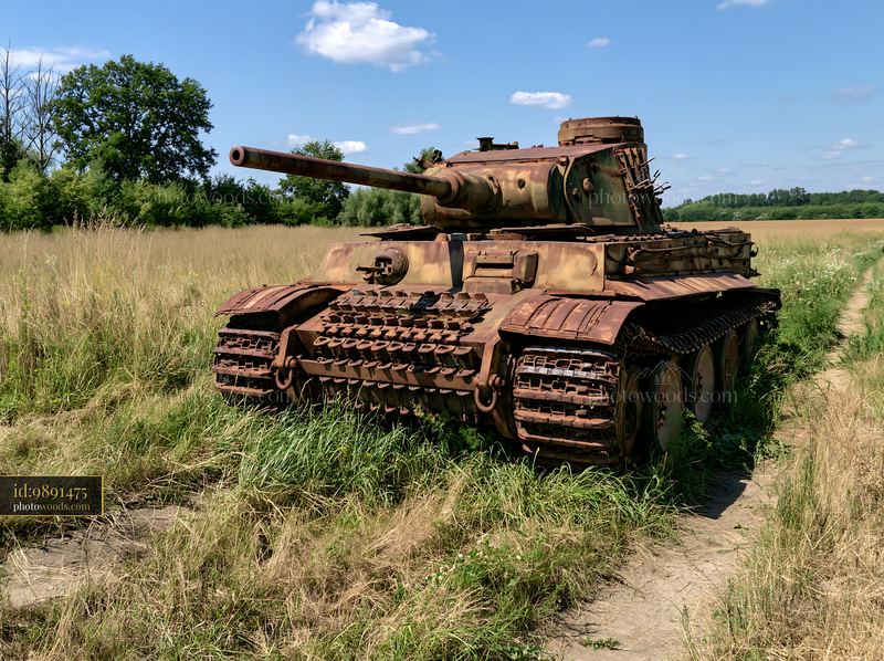 Panzer tank surrounded by grass in open field