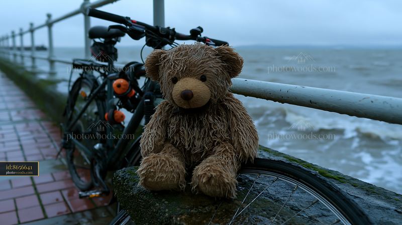 Wet teddy bear beside a parked bicycle on a rainy day