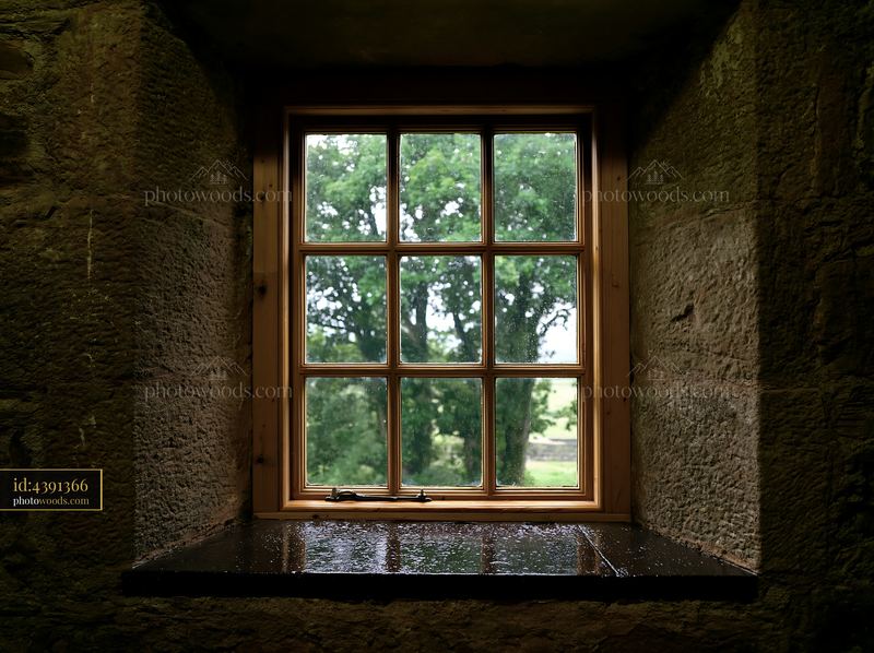 Wet wooden casement window framed by stone wall and trees outside