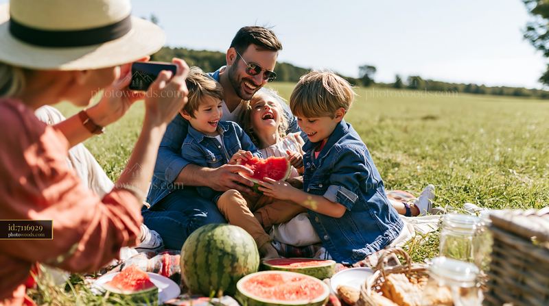 Family enjoying picnic with watermelon in sunny park