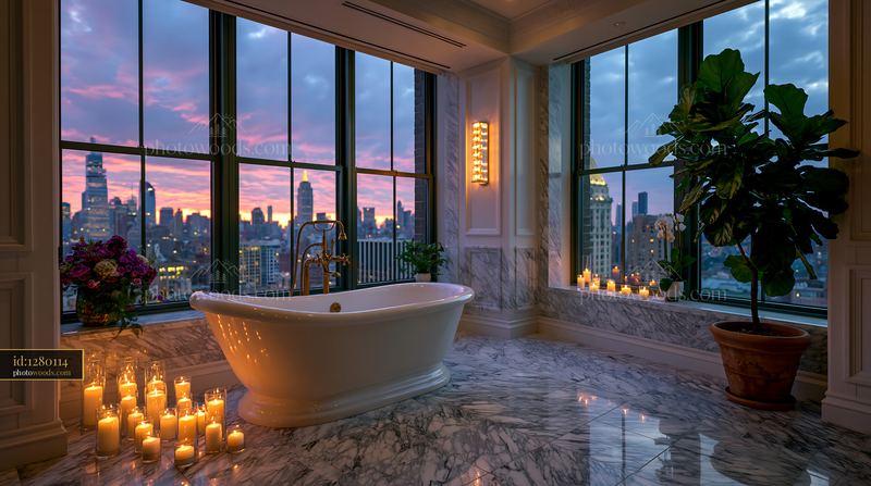 Luxury bathroom with city skyline view at sunset
