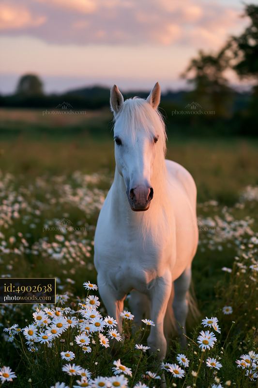 Horse stands among wildflowers in spring meadow