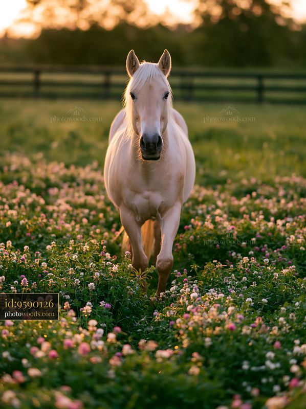 Horse running through a meadow filled with flowers during sunset