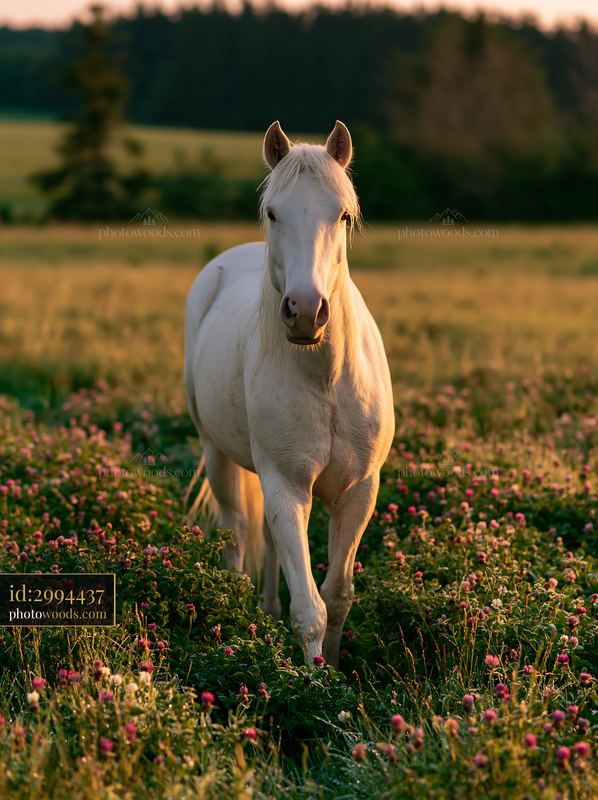 White horse walking through a spring meadow with wildflowers