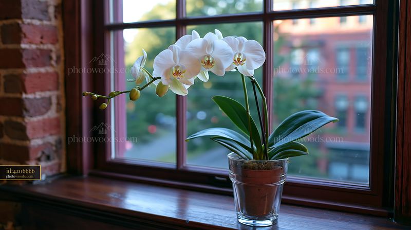 Orchid flower on windowsill with background of buildings
