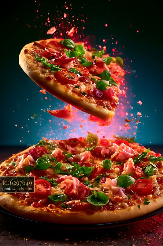 Pizza slices flying over a whole pizza with toppings and herbs