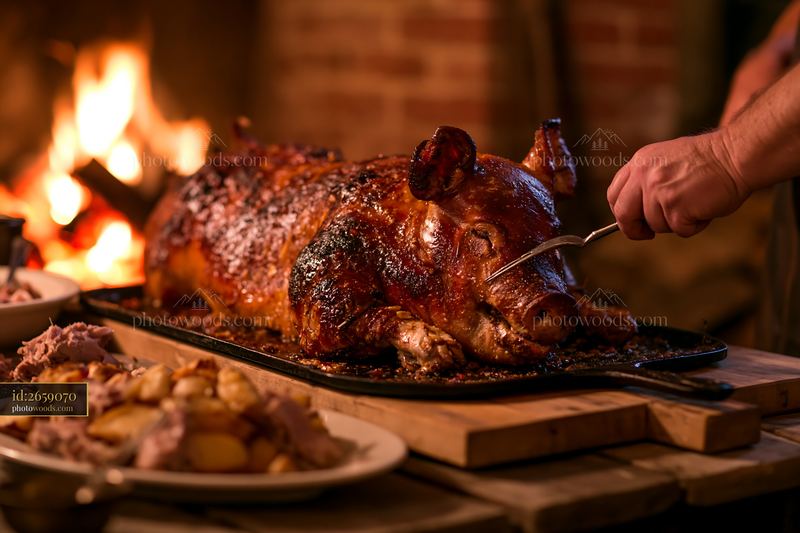 Pig roast at rustic farm with fire and hearty side dishes
