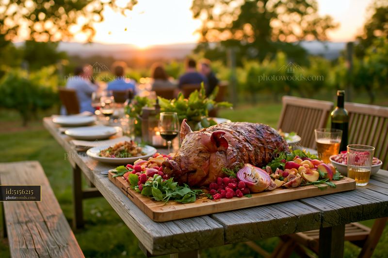 Whole roasted pig served at rustic feast in vineyard at sunset
