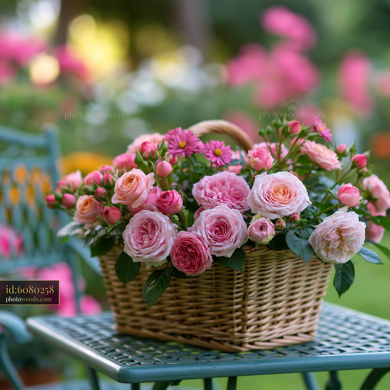 Cottage garden with blooming roses and a wicker basket