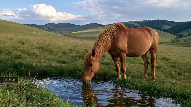 Wild horse drinking from natural spring in mountainous landscape