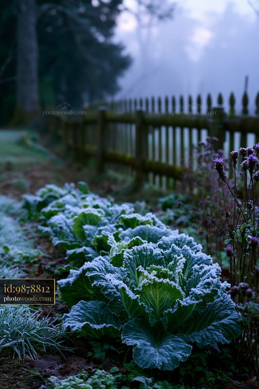Frost-covered cabbage in winter garden outside farmhouse