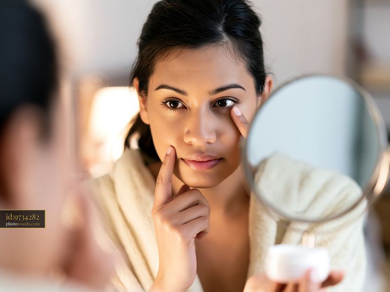 Applying cream for sensitive skin in front of a mirror