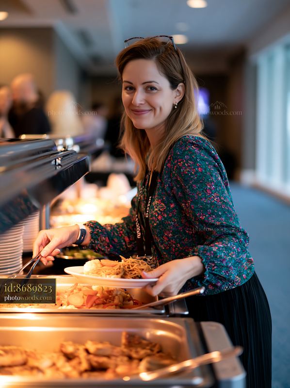 Business conference buffet with a guest getting food
