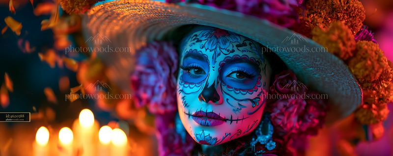 Bright celebration of Día de los Muertos with a colorful skull face