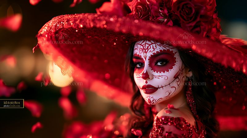Celebration in red attire with decorative hat and face paint