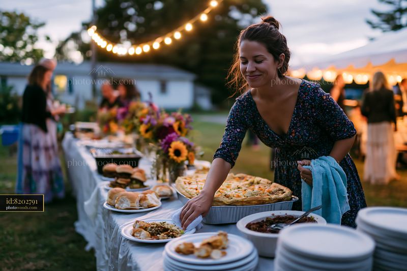 Woman serving food at a sustainable buffet catering event