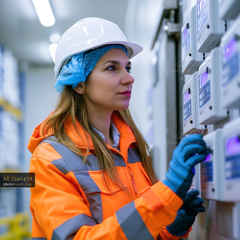 Woman using an electric meter in a maintenance facility