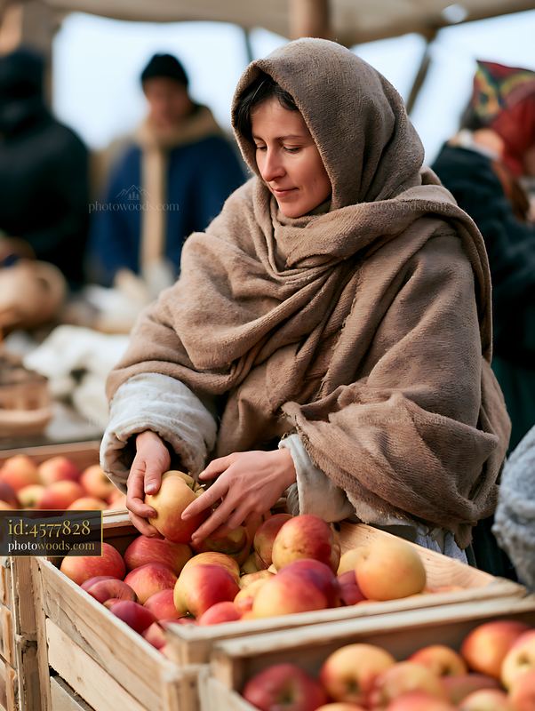 Woman arranging apples in wooden crates at a market