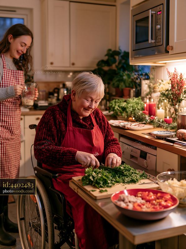 Christmas dinner preparation with family in kitchen