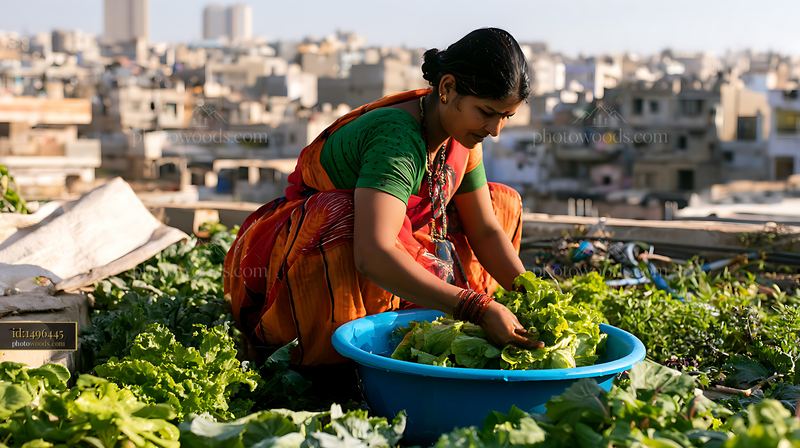 Woman in cultural dress harvesting lettuce on rooftop garden