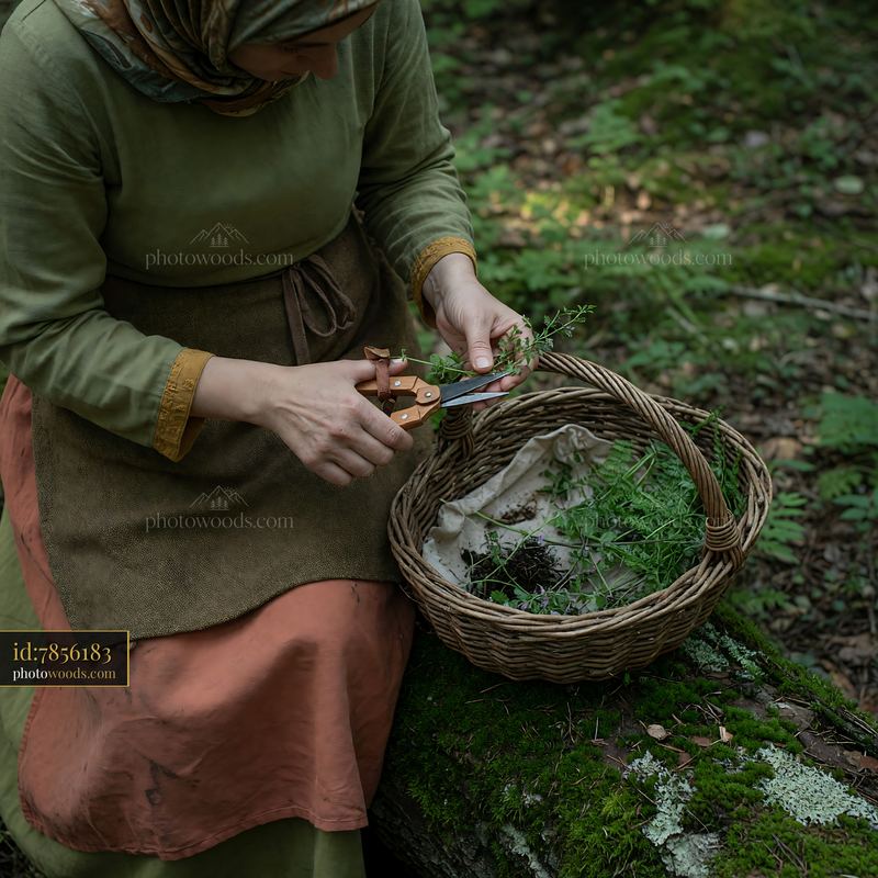 Woman in heritage attire collecting herbs in a forest setting