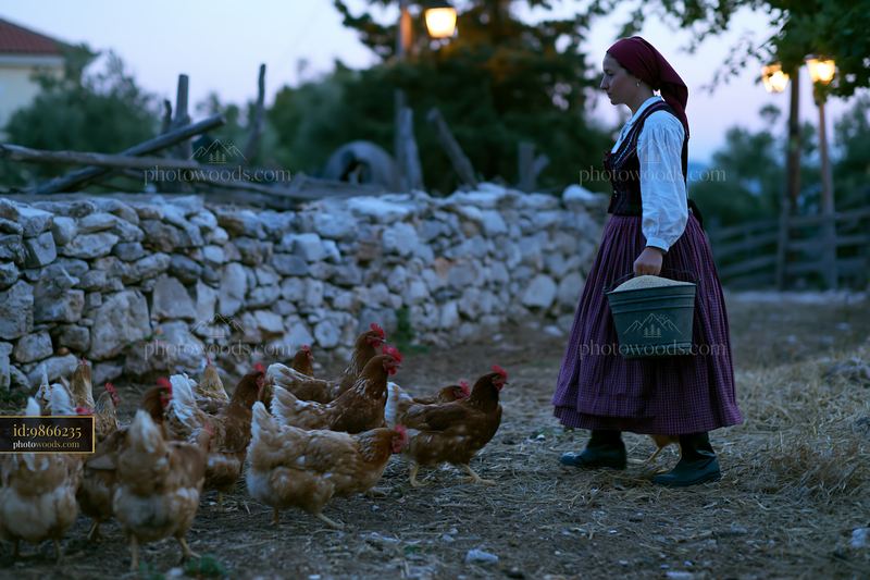 Woman feeding chickens in traditional attire at a farm