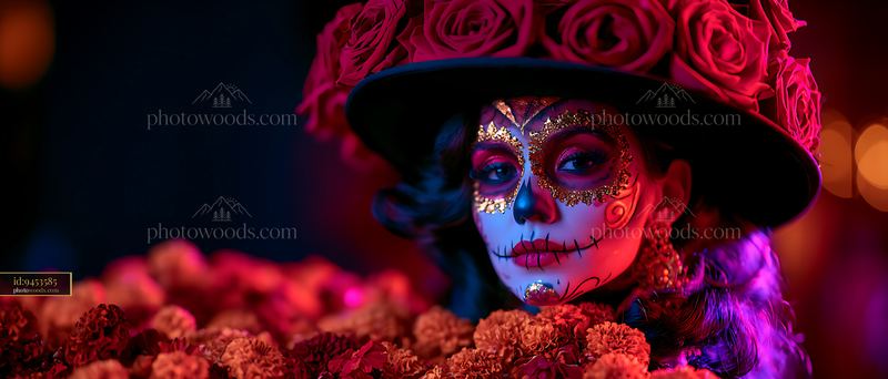Celebration of life during Dia de los Muertos with decorated woman