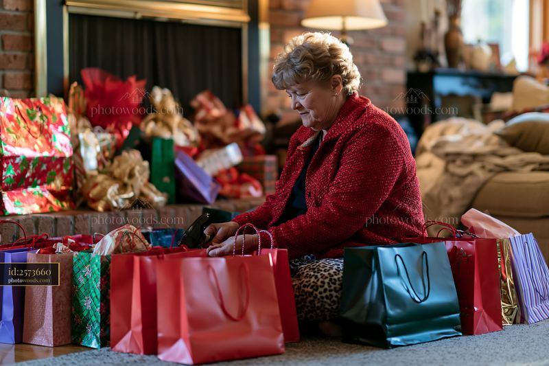 Holiday shopping bags arranged near a cozy fireplace