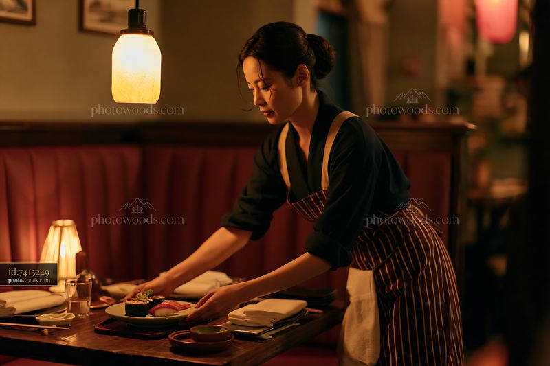 Sushi dinner under warm lighting in a cozy restaurant setting
