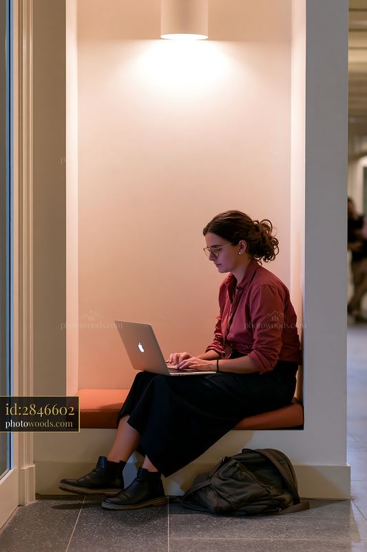 Employee attending online training in a modern office setting