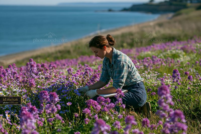 Woman tending to flowers in wildflower field beside calm sea