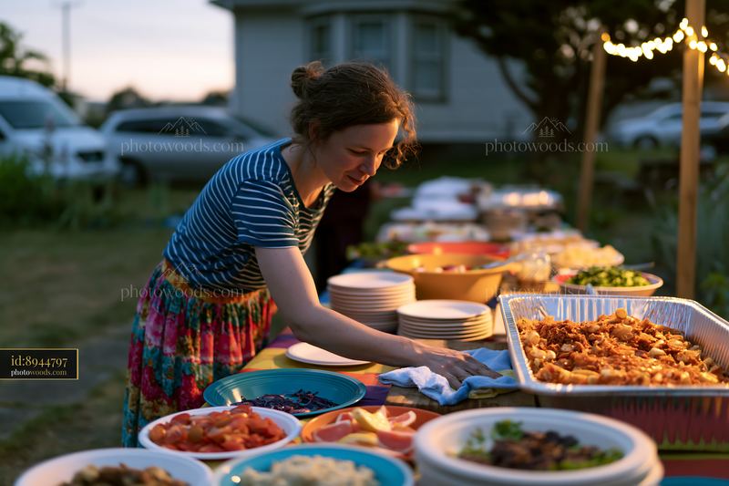 Outdoor setup for sustainable buffet catering with diverse dishes