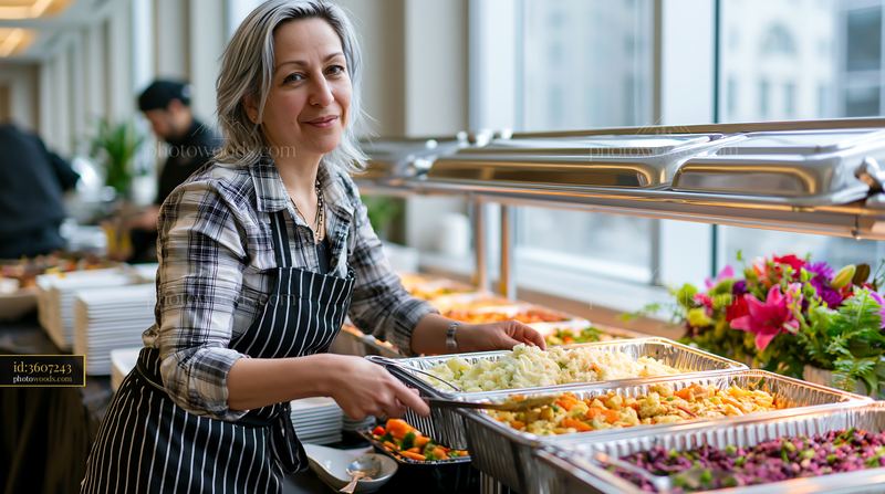 Smiling woman serving food at a corporate lunch buffet