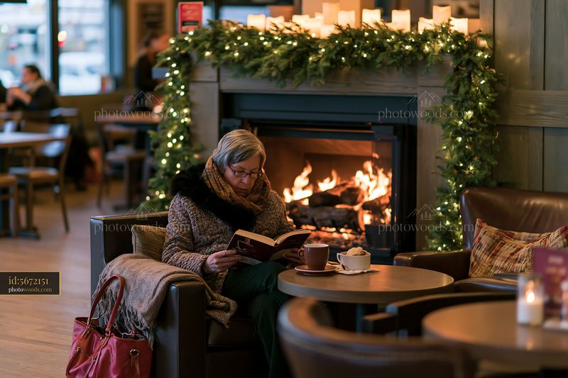 Festive coffee shop interior without branding with a warm fireplace