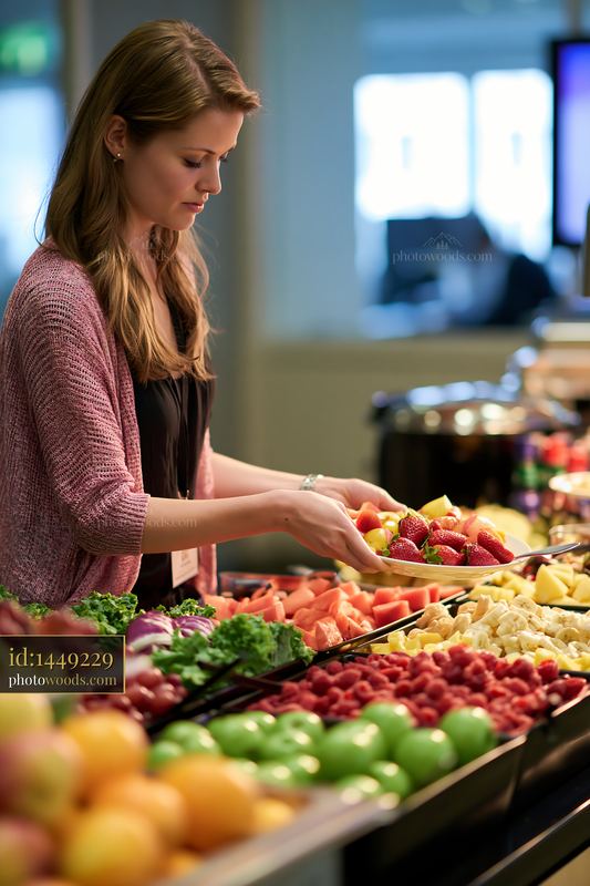 Corporate lunch buffet with healthy food options on display