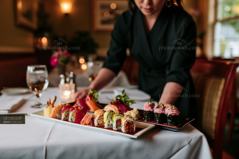 Sushi menu selection at restaurant with customer preparing meal