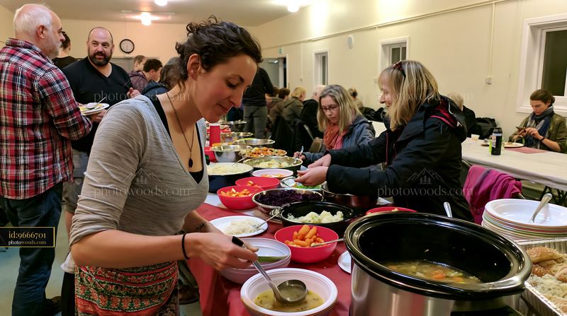 Buffet table setup for a zero waste community gathering