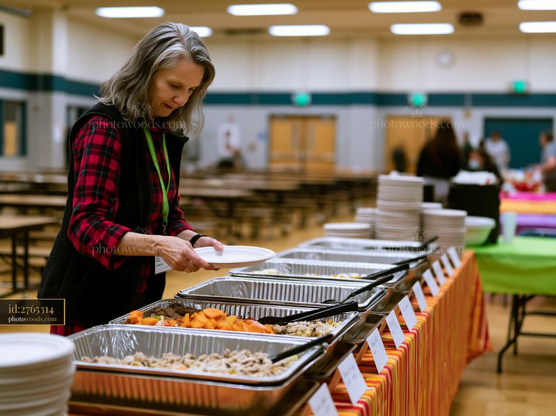 Catering buffet setup with a woman serving food during an event