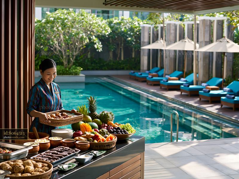 Buffet table with food near a pool area