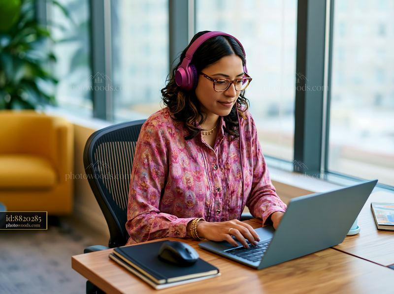 Office setting featuring a woman using a laptop with headphones