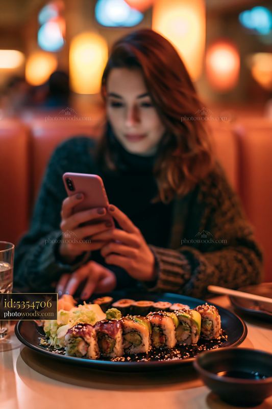 Sushi dinner in cozy lighting with a woman on her phone