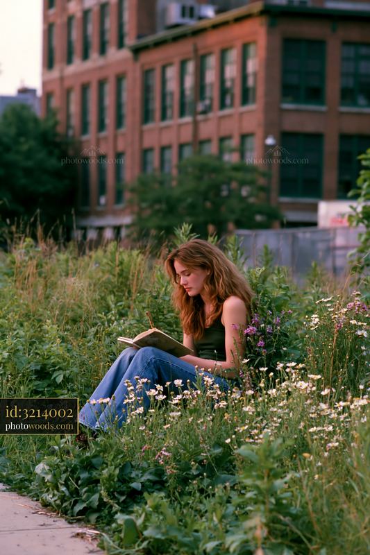 Urban meadow among buildings with a person reading