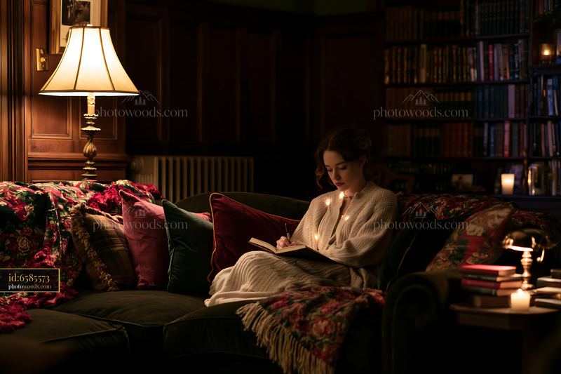 Festive sofa with blankets and pillows in a cozy reading nook