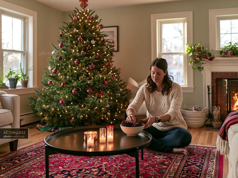 Christmas living room with coffee table and tree