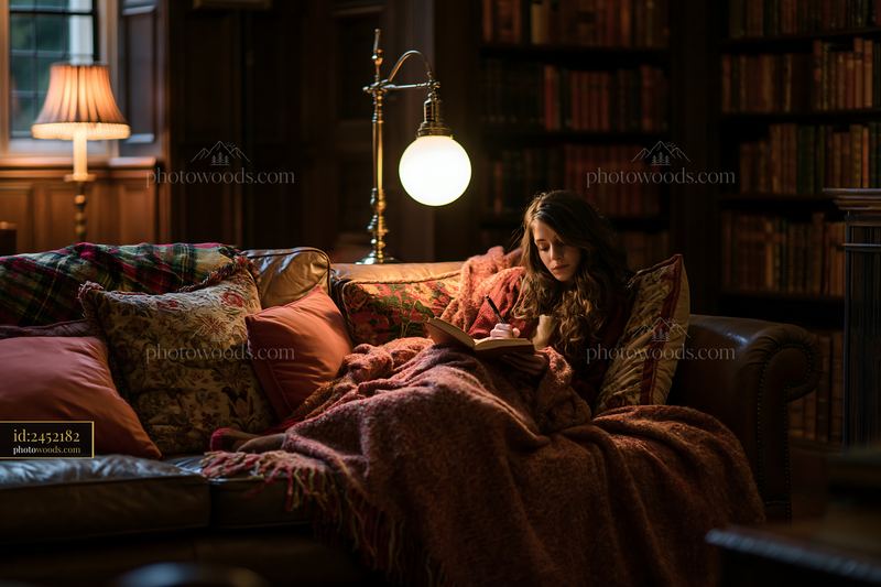 Warm sofa with blankets and pillows in a cozy library setting