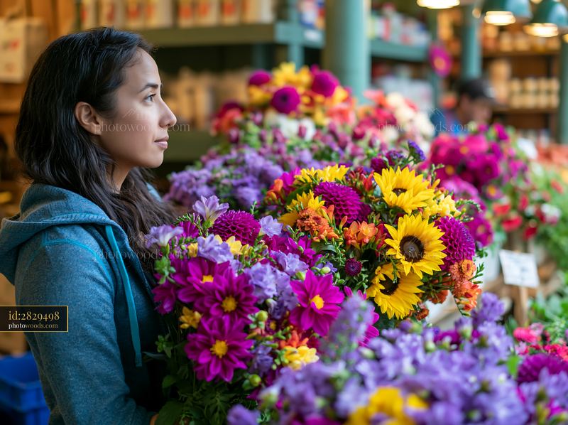 Mixed seasonal flowers at farmers market with woman choosing blooms